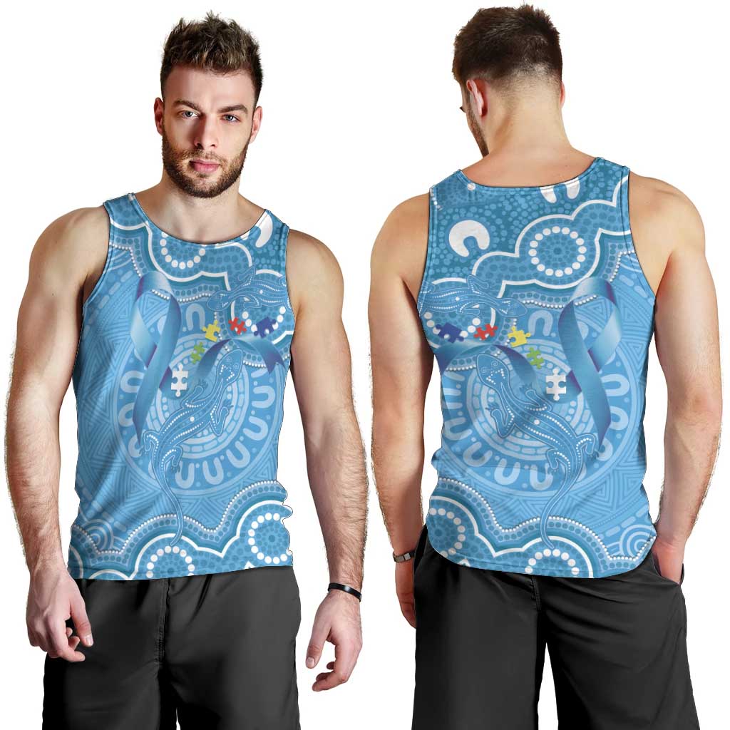 Australia Indigenous Men Tank Top Blue Ribbon Lizards Autism Awareness - Aussie Hoodie