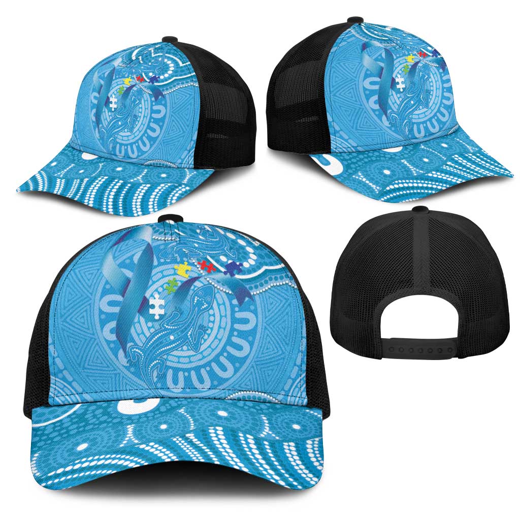 Australia Indigenous Mesh Trucker Cap Blue Ribbon Lizards Autism Awareness - Aussie Hoodie