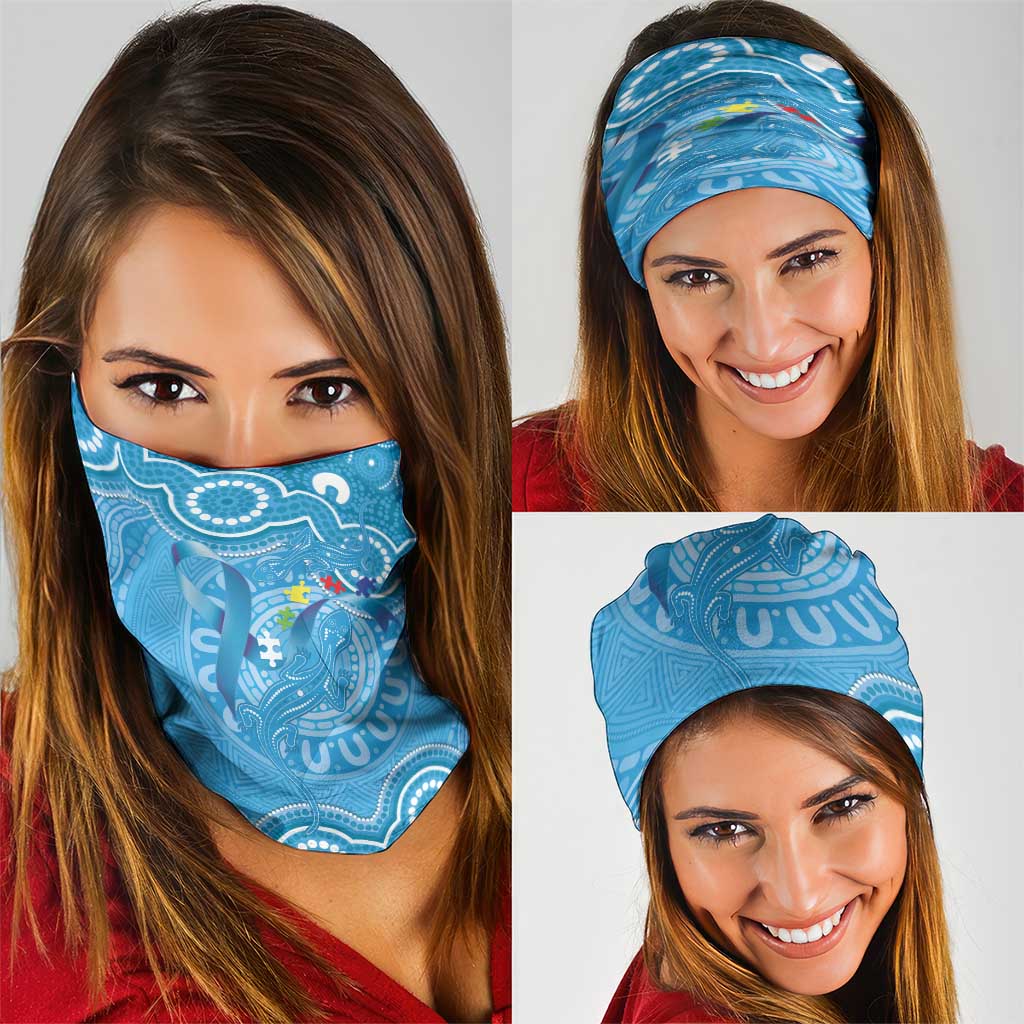 Australia Indigenous Neck Gaiter Blue Ribbon Lizards Autism Awareness - Aussie Hoodie