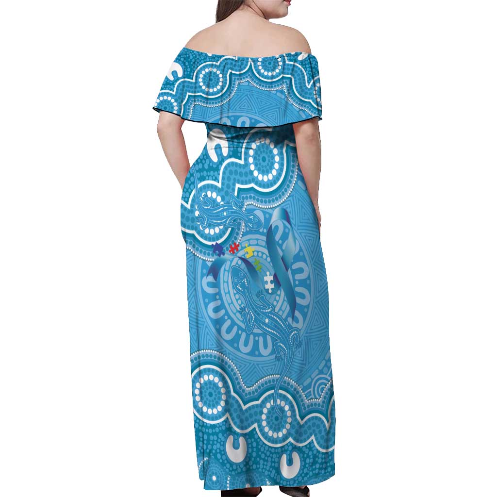 Australia Indigenous Off Shoulder Maxi Dress Blue Ribbon Lizards Autism Awareness - Aussie Hoodie