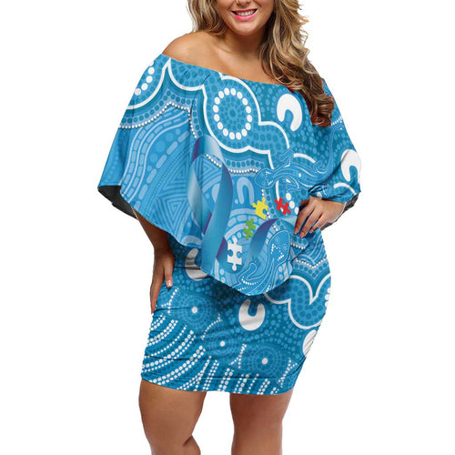 Australia Indigenous Off Shoulder Short Dress Blue Ribbon Lizards Autism Awareness - Aussie Hoodie