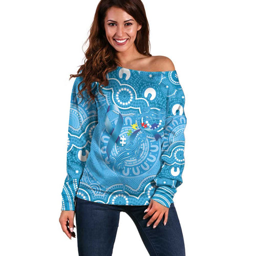 Australia Indigenous Off Shoulder Sweater Blue Ribbon Lizards Autism Awareness - Aussie Hoodie