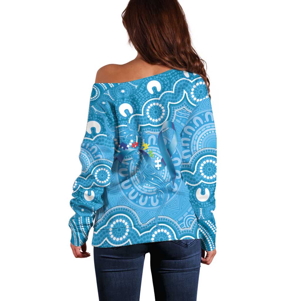 Australia Indigenous Off Shoulder Sweater Blue Ribbon Lizards Autism Awareness - Aussie Hoodie