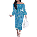 Australia Indigenous Off The Shoulder Long Sleeve Dress Blue Ribbon Lizards Autism Awareness - Aussie Hoodie