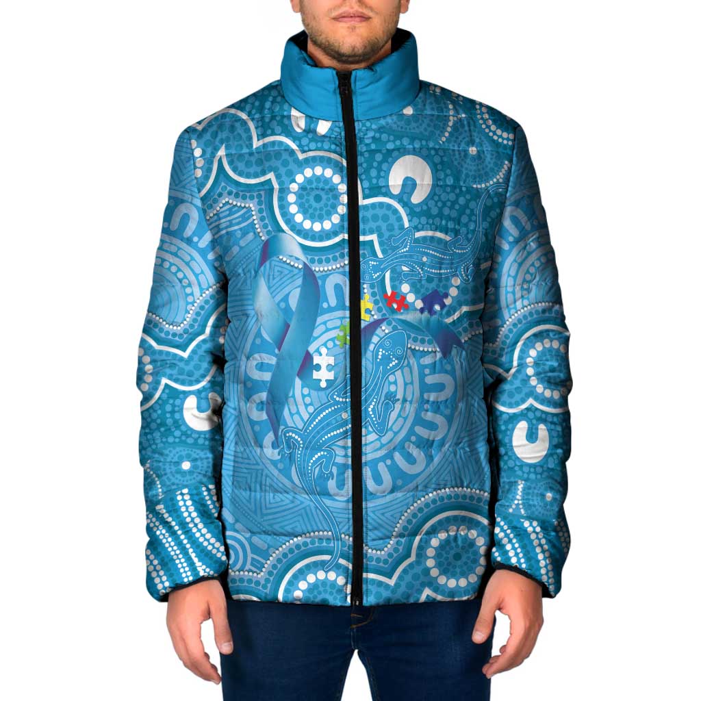 Australia Indigenous Padded Jacket Blue Ribbon Lizards Autism Awareness - Aussie Hoodie
