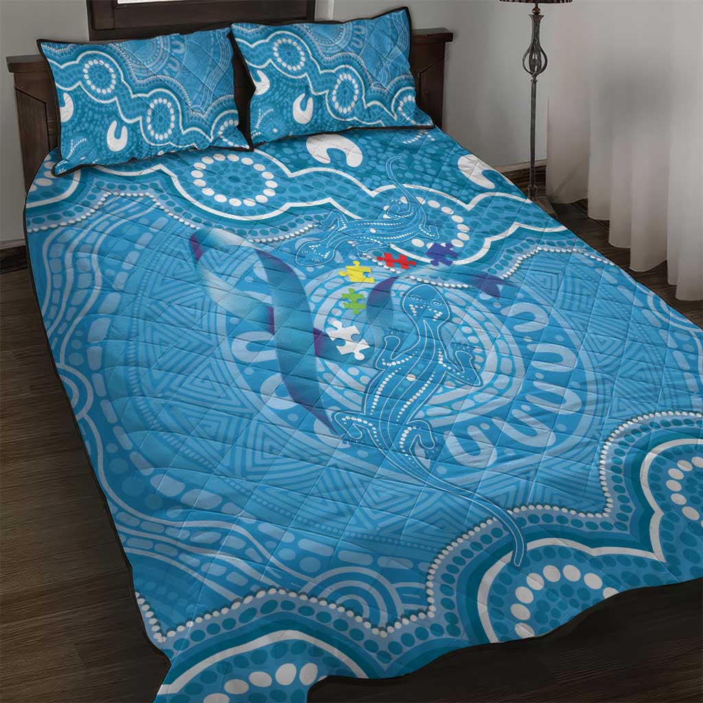 Australia Indigenous Quilt Bed Set Blue Ribbon Lizards Autism Awareness - Aussie Hoodie