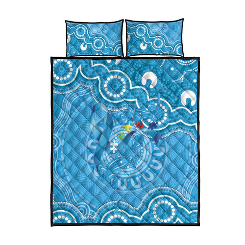 Australia Indigenous Quilt Bed Set Blue Ribbon Lizards Autism Awareness - Aussie Hoodie