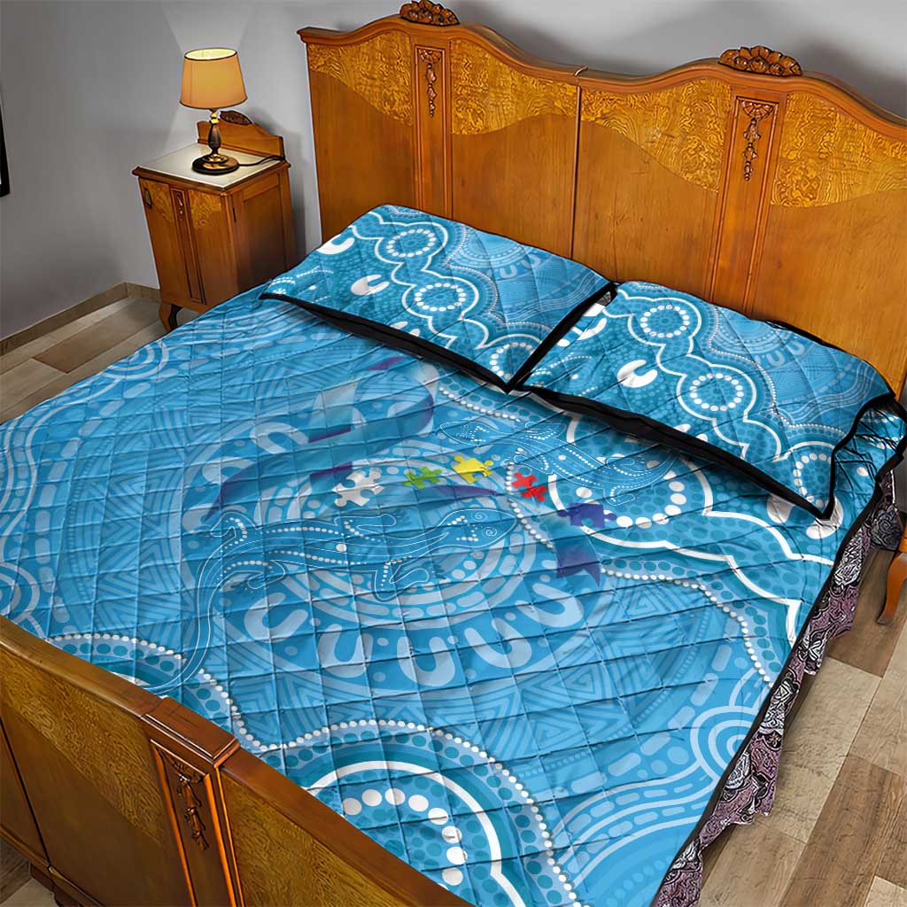 Australia Indigenous Quilt Bed Set Blue Ribbon Lizards Autism Awareness - Aussie Hoodie
