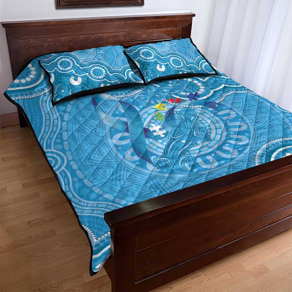 Australia Indigenous Quilt Bed Set Blue Ribbon Lizards Autism Awareness - Aussie Hoodie