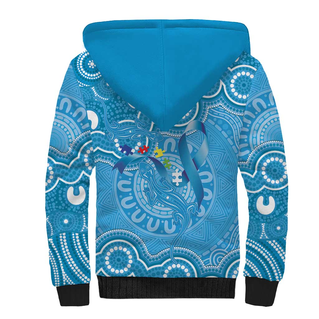 Australia Indigenous Sherpa Hoodie Blue Ribbon Lizards Autism Awareness - Aussie Hoodie
