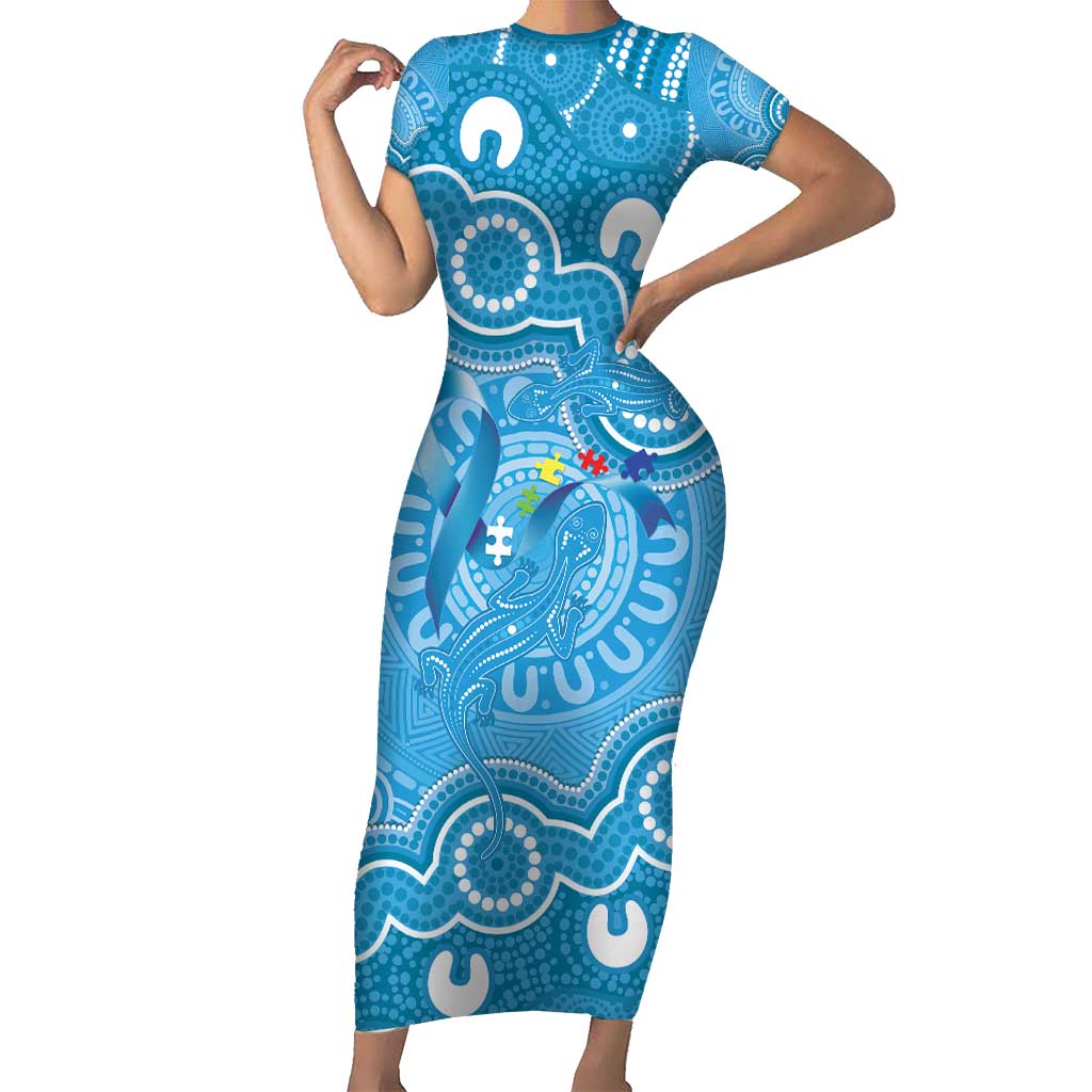 Australia Indigenous Short Sleeve Bodycon Dress Blue Ribbon Lizards Autism Awareness - Aussie Hoodie