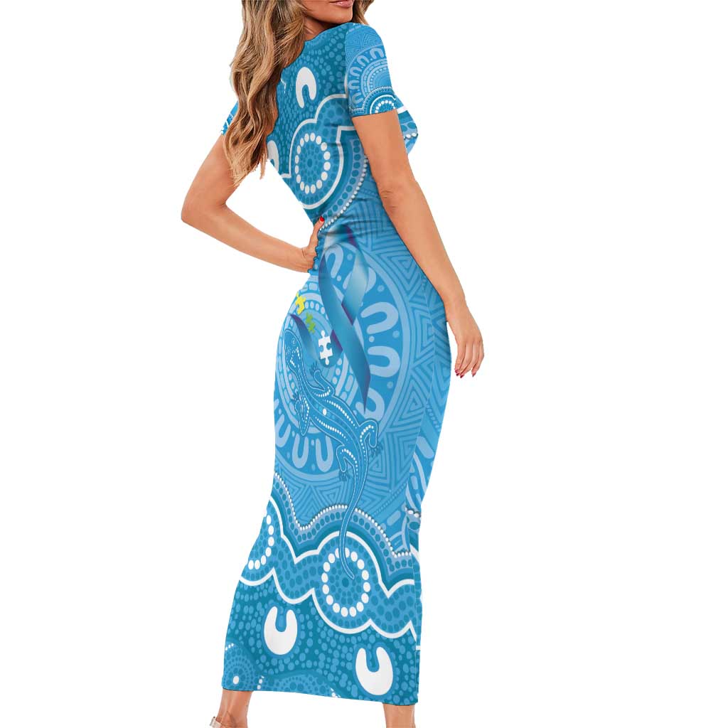 Australia Indigenous Short Sleeve Bodycon Dress Blue Ribbon Lizards Autism Awareness - Aussie Hoodie