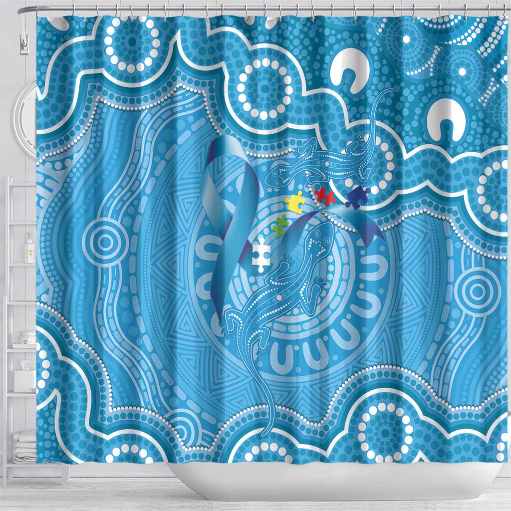 Australia Indigenous Shower Curtain Blue Ribbon Lizards Autism Awareness - Aussie Hoodie