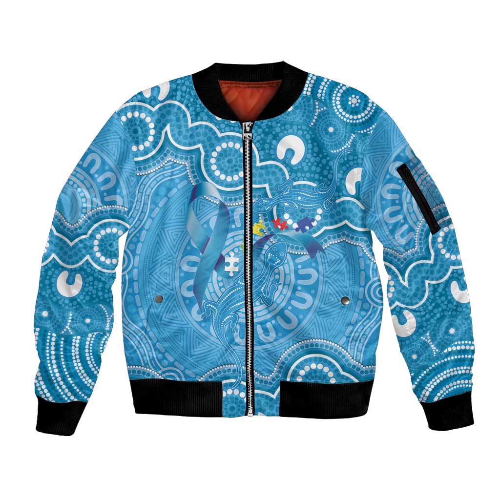 Australia Indigenous Sleeve Zip Bomber Jacket Blue Ribbon Lizards Autism Awareness - Aussie Hoodie