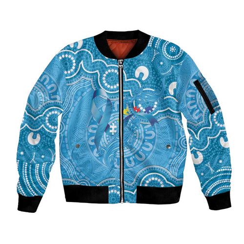 Australia Indigenous Sleeve Zip Bomber Jacket Blue Ribbon Lizards Autism Awareness - Aussie Hoodie
