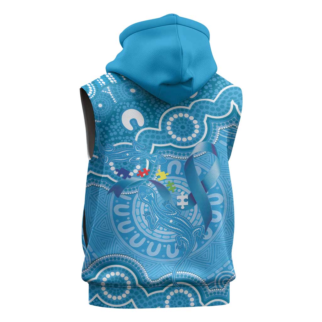 Australia Indigenous Sleeveless Hoodie Blue Ribbon Lizards Autism Awareness - Aussie Hoodie
