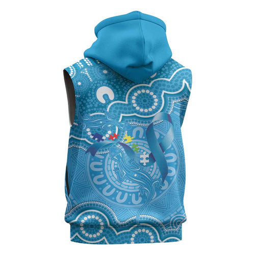 Australia Indigenous Sleeveless Hoodie Blue Ribbon Lizards Autism Awareness - Aussie Hoodie