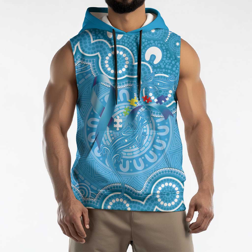 Australia Indigenous Sleeveless Hoodie Blue Ribbon Lizards Autism Awareness - Aussie Hoodie