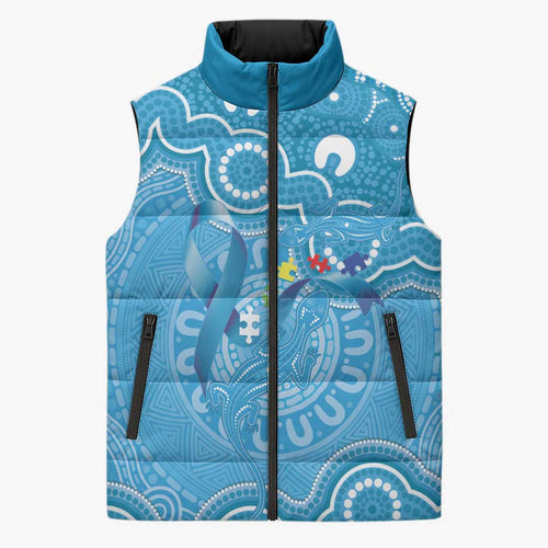 Australia Indigenous Sleeveless Puffer Jacket Blue Ribbon Lizards Autism Awareness - Aussie Hoodie