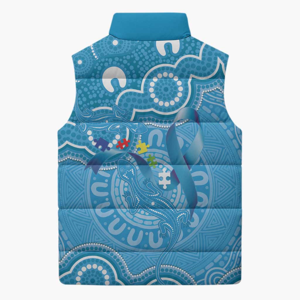 Australia Indigenous Sleeveless Puffer Jacket Blue Ribbon Lizards Autism Awareness - Aussie Hoodie