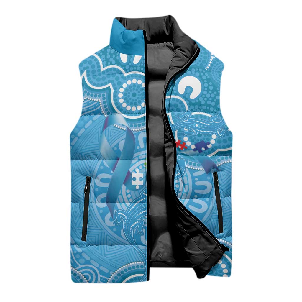 Australia Indigenous Sleeveless Puffer Jacket Blue Ribbon Lizards Autism Awareness - Aussie Hoodie