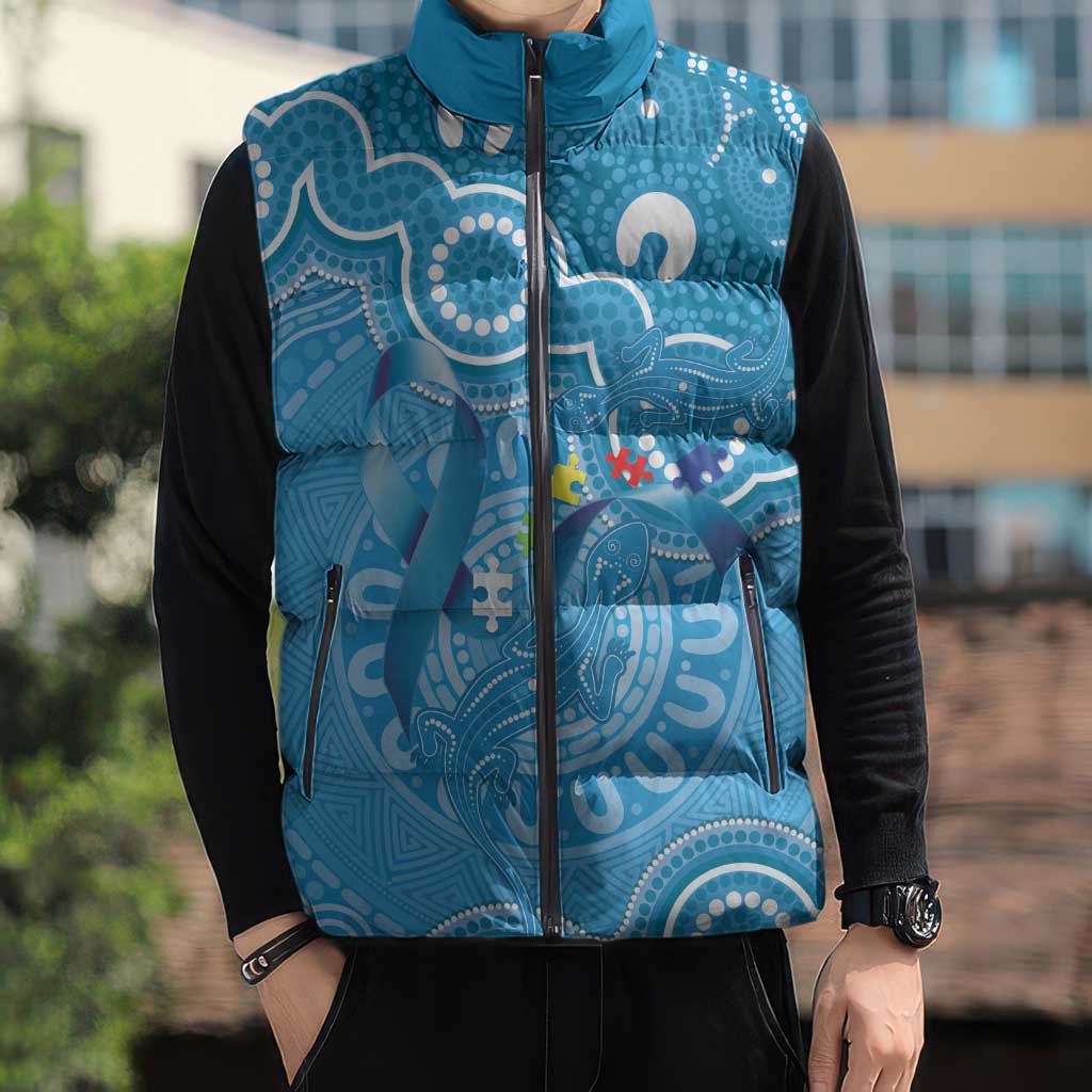 Australia Indigenous Sleeveless Puffer Jacket Blue Ribbon Lizards Autism Awareness - Aussie Hoodie