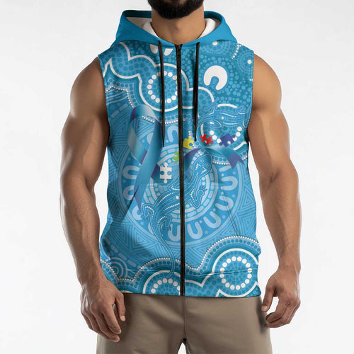 Australia Indigenous Sleeveless Zip Hoodie Blue Ribbon Lizards Autism Awareness LT14