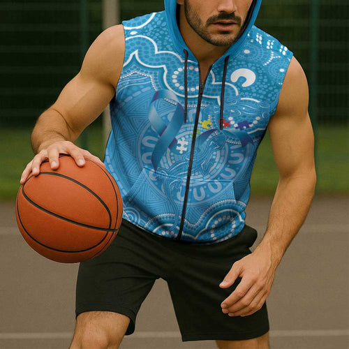 Australia Indigenous Sleeveless Zip Hoodie Blue Ribbon Lizards Autism Awareness LT14