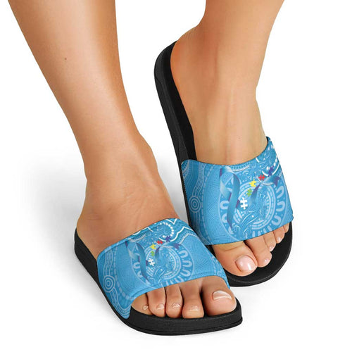 Australia Indigenous Slide Sandals Blue Ribbon Lizards Autism Awareness - Aussie Hoodie