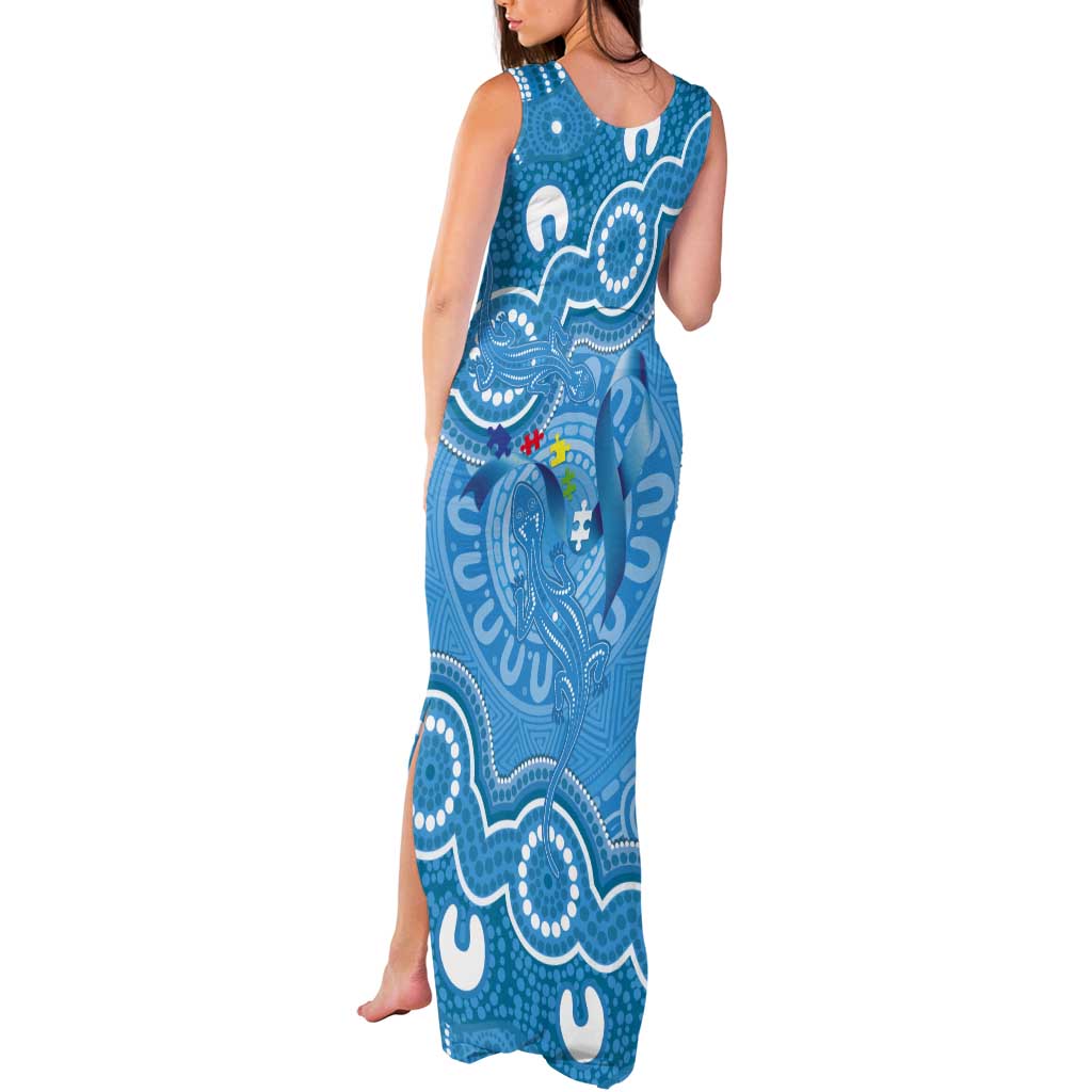 Australia Indigenous Tank Maxi Dress Blue Ribbon Lizards Autism Awareness - Aussie Hoodie