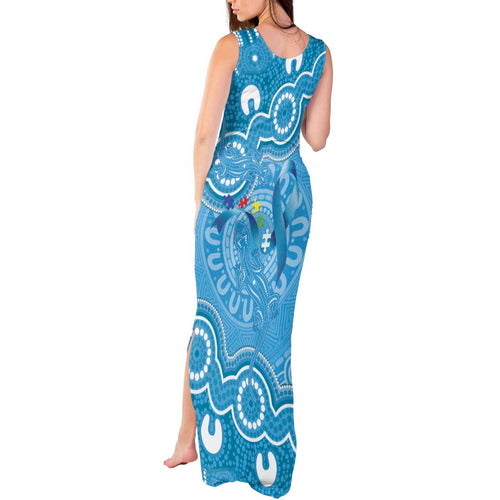 Australia Indigenous Tank Maxi Dress Blue Ribbon Lizards Autism Awareness - Aussie Hoodie
