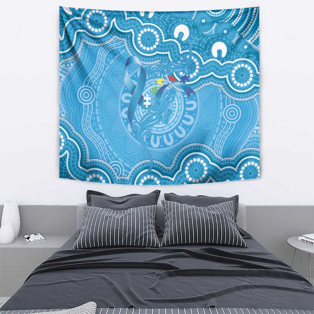 Australia Indigenous Tapestry Blue Ribbon Lizards Autism Awareness - Aussie Hoodie