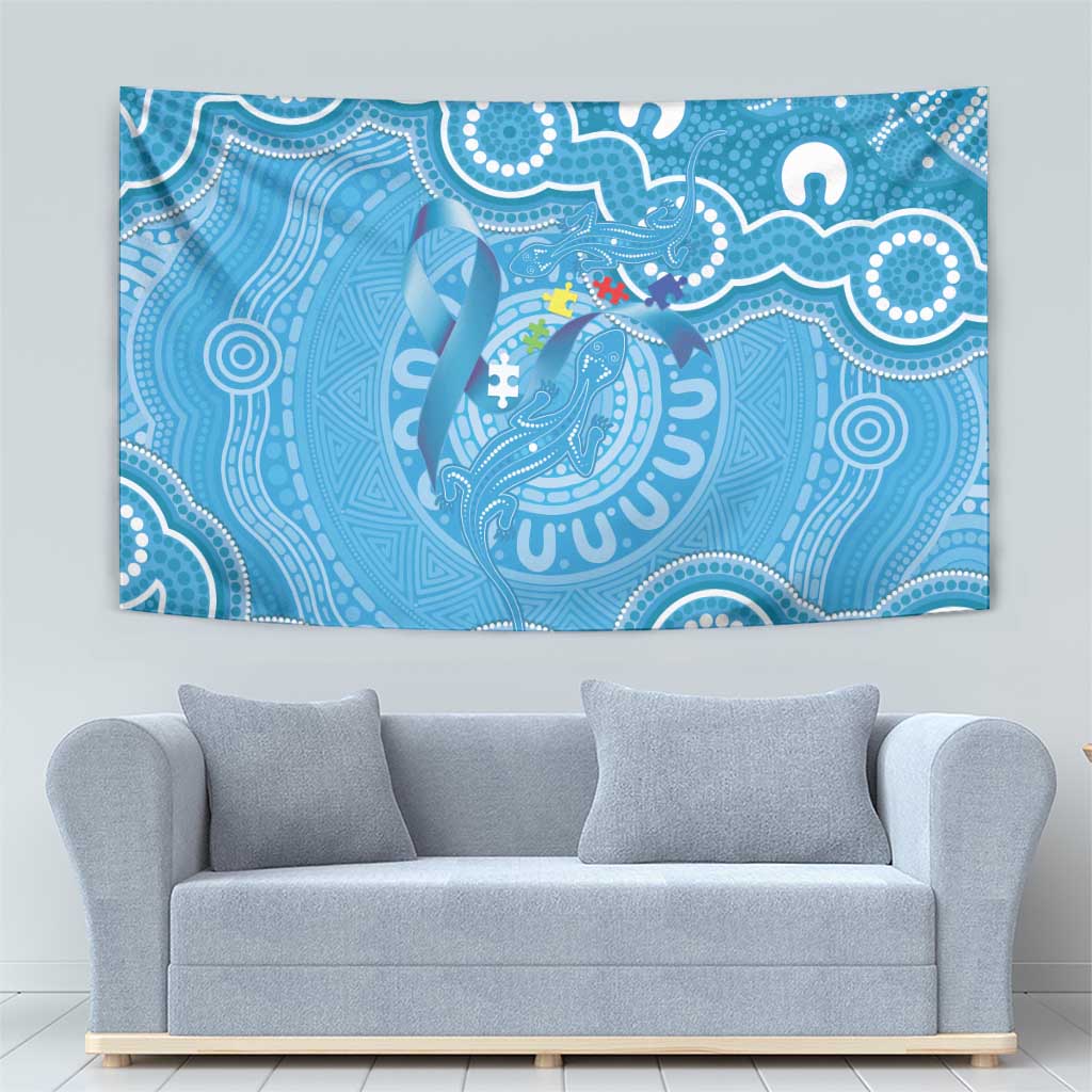 Australia Indigenous Tapestry Blue Ribbon Lizards Autism Awareness - Aussie Hoodie
