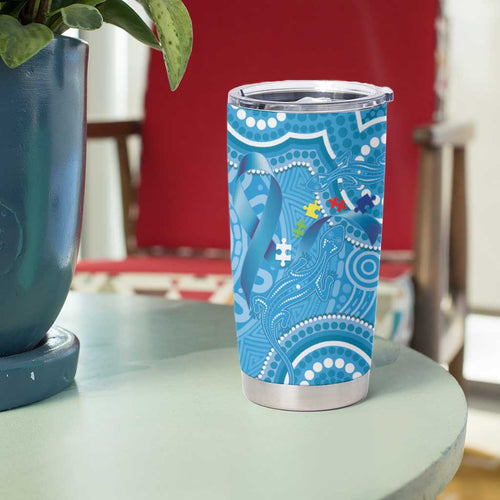 Australia Indigenous Tumbler Cup Blue Ribbon Lizards Autism Awareness - Aussie Hoodie