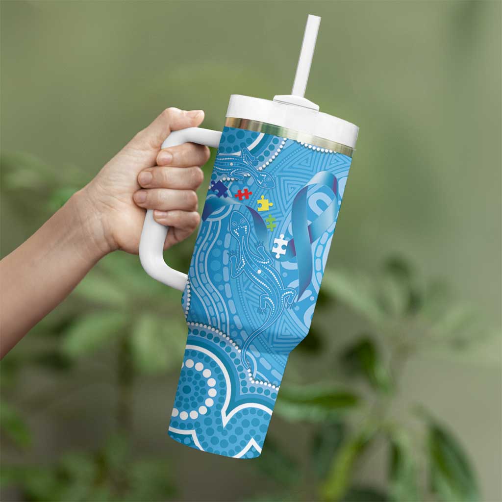 Australia Indigenous Tumbler With Handle Blue Ribbon Lizards Autism Awareness - Aussie Hoodie