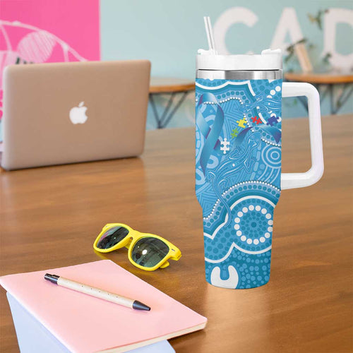 Australia Indigenous Tumbler With Handle Blue Ribbon Lizards Autism Awareness - Aussie Hoodie