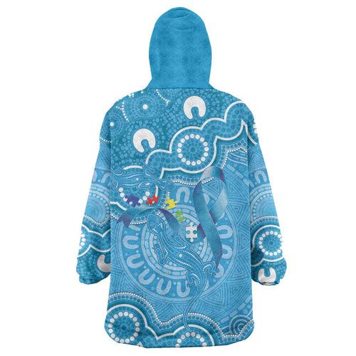 Australia Indigenous Wearable Blanket Hoodie Blue Ribbon Lizards Autism Awareness - Aussie Hoodie