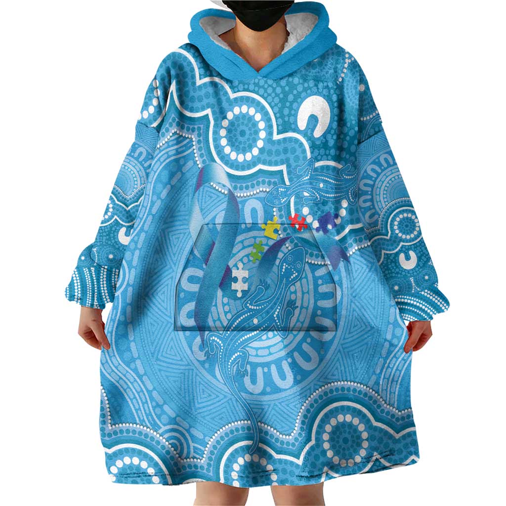 Australia Indigenous Wearable Blanket Hoodie Blue Ribbon Lizards Autism Awareness - Aussie Hoodie