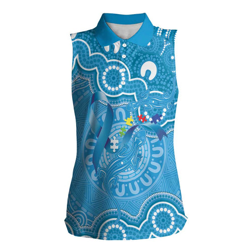 Australia Indigenous Women Sleeveless Polo Shirt Blue Ribbon Lizards Autism Awareness - Aussie Hoodie