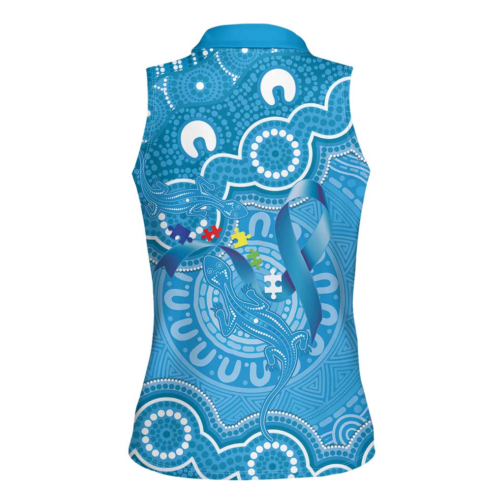 Australia Indigenous Women Sleeveless Polo Shirt Blue Ribbon Lizards Autism Awareness - Aussie Hoodie