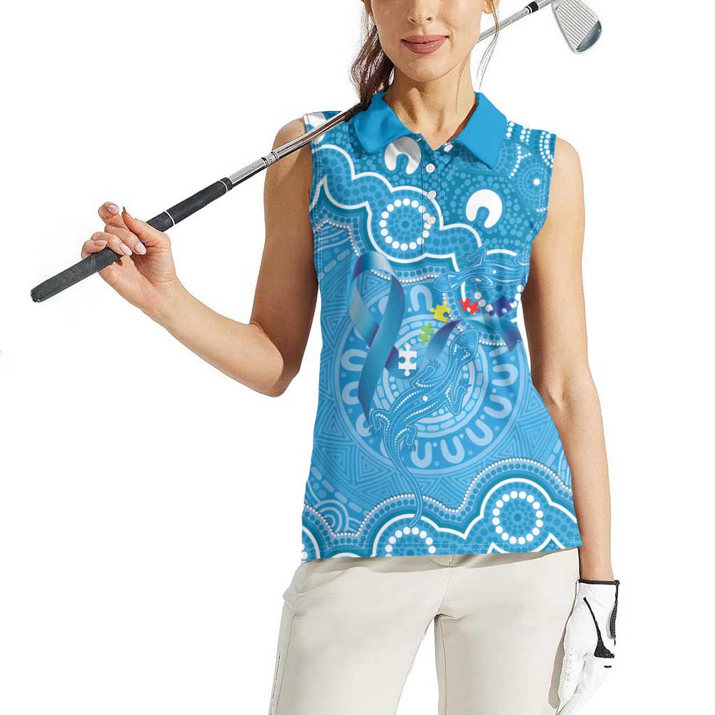 Australia Indigenous Women Sleeveless Polo Shirt Blue Ribbon Lizards Autism Awareness - Aussie Hoodie