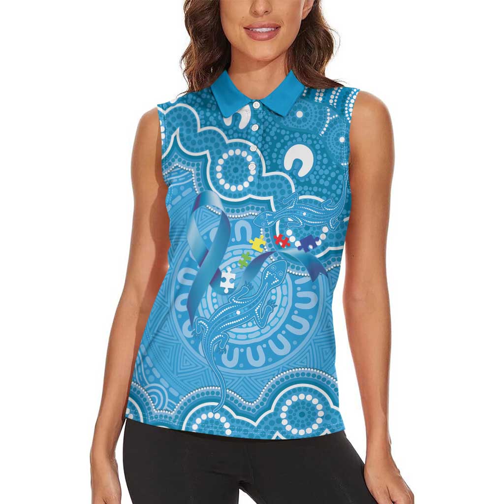 Australia Indigenous Women Sleeveless Polo Shirt Blue Ribbon Lizards Autism Awareness - Aussie Hoodie
