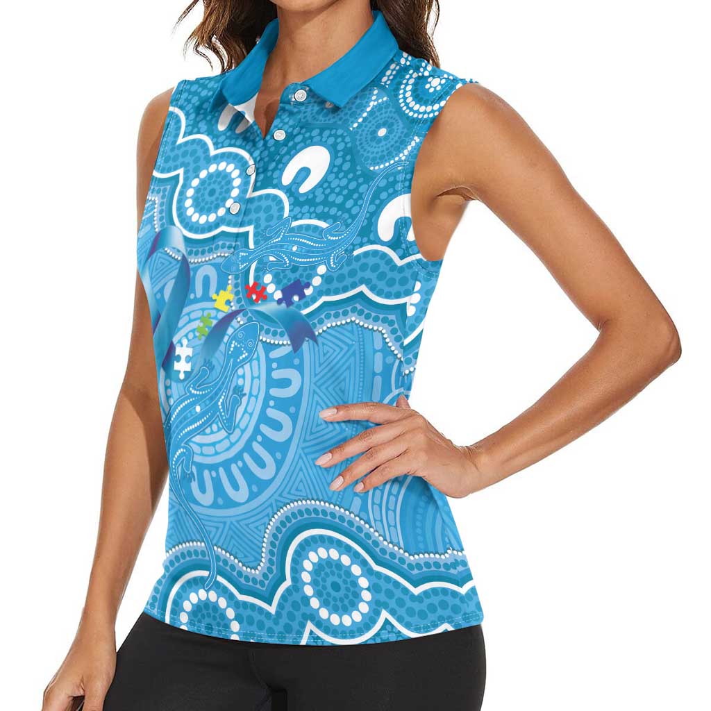Australia Indigenous Women Sleeveless Polo Shirt Blue Ribbon Lizards Autism Awareness - Aussie Hoodie