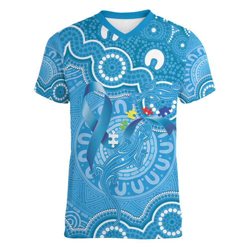 Australia Indigenous Women V-Neck T-Shirt Blue Ribbon Lizards Autism Awareness - Aussie Hoodie