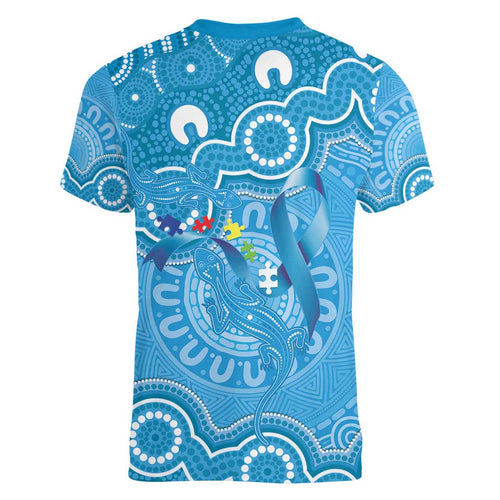 Australia Indigenous Women V-Neck T-Shirt Blue Ribbon Lizards Autism Awareness - Aussie Hoodie