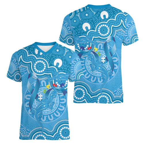 Australia Indigenous Women V-Neck T-Shirt Blue Ribbon Lizards Autism Awareness - Aussie Hoodie