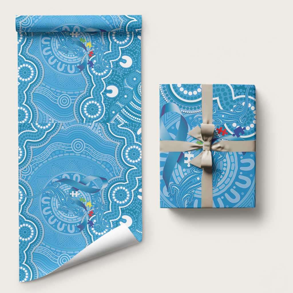 Australia Indigenous Wrapping Paper Blue Ribbon Lizards Autism Awareness - Aussie Hoodie