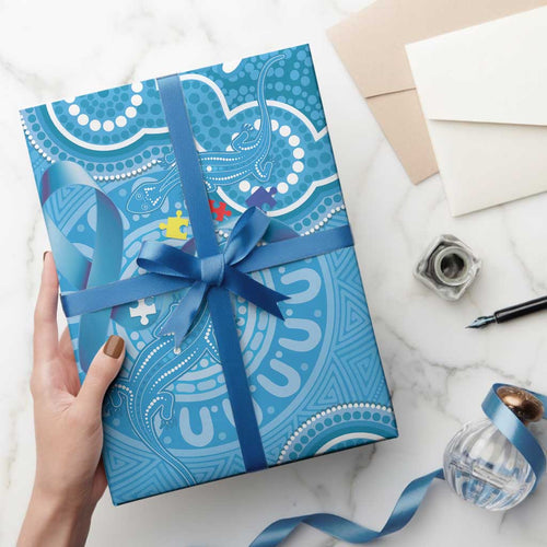 Australia Indigenous Wrapping Paper Blue Ribbon Lizards Autism Awareness - Aussie Hoodie