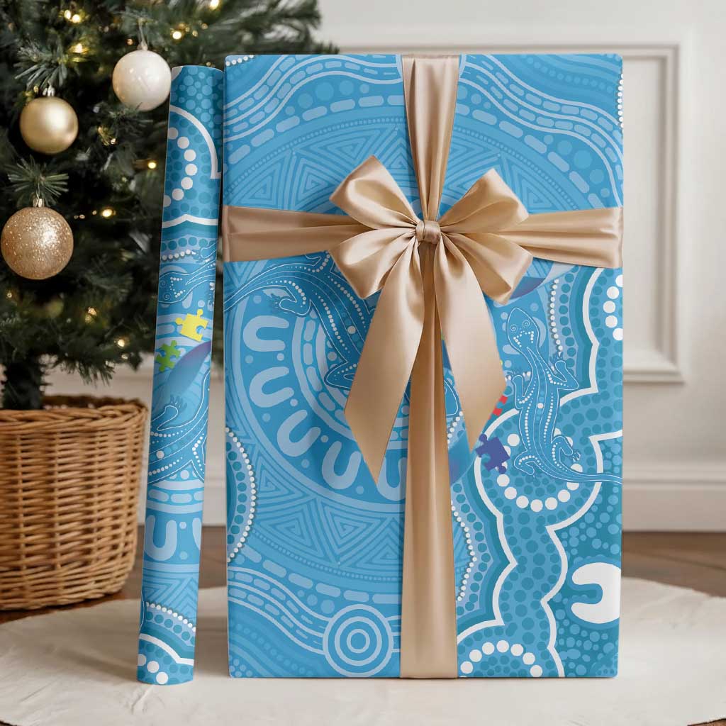 Australia Indigenous Wrapping Paper Blue Ribbon Lizards Autism Awareness - Aussie Hoodie