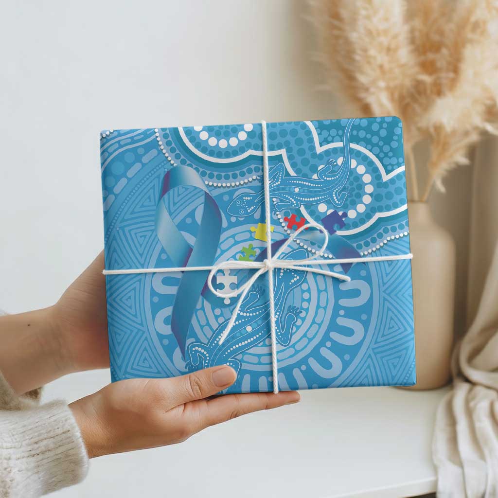 Australia Indigenous Wrapping Paper Blue Ribbon Lizards Autism Awareness - Aussie Hoodie